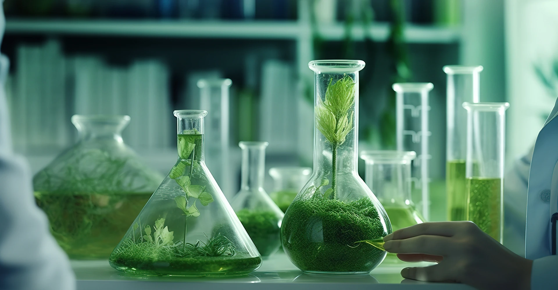 Laboratorio con plantas en frascos de vidrio